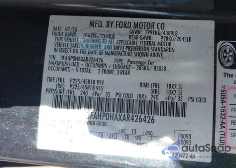 2010 Ford Fusion Se z USA, uszkodzony, nr VIN 3FAHP0HAXAR426426